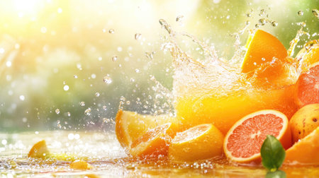 Bright citrus juice mixing with water, surrounded by fresh fruit. Ample copy space on the right side.の素材
