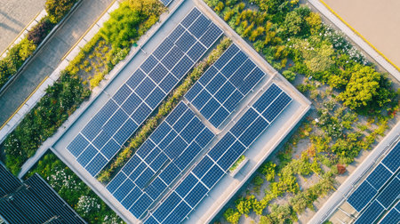 Top-down shot of solar panels on an urban rooftop garden, with clear space in the sky for copy.の素材