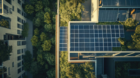 Top-down shot of solar panels on an urban rooftop garden, with clear space in the sky for copy.の素材