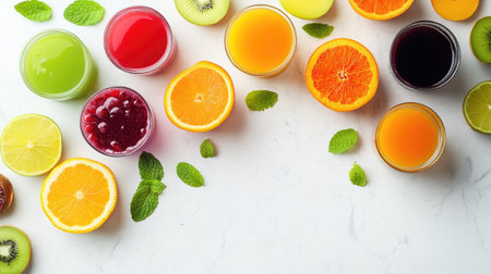 Colorful assortment of fruit juices on a light background. Top view with ample space for copy, perfect for health-focused visuals.の素材