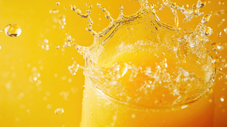 Overhead view of vibrant orange juice splashing in water. Copy space on the left for text.の素材