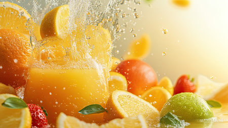 Bright citrus juice mixing with water, surrounded by fresh fruit. Ample copy space on the right side.の素材