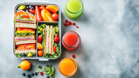 Fox-themed sandwiches in a lunchbox with colorful veggies, fruits, and juice. Perfect for kids' meals. Top view, ample copy space.の素材