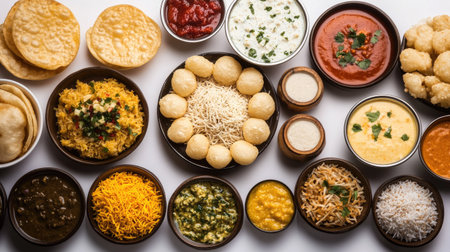 Flat lay of dahi puri with chutneys and sev, ample copy space on the right side.の素材