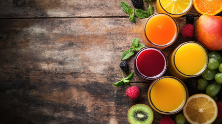 Glasses of fresh fruit juices on a rustic table, top view with copy space. Perfect for healthy drink promotions or advertisements.の素材