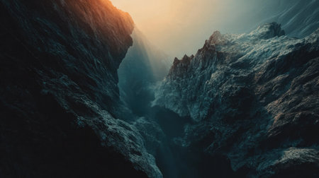 Top-down view of a dramatic mountain landscape at sunset, with ample space for text in the glowing skyの素材