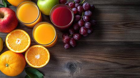 Glasses of orange, apple, and grape juice on a wooden table. Top view with lots of copy space for text.の素材
