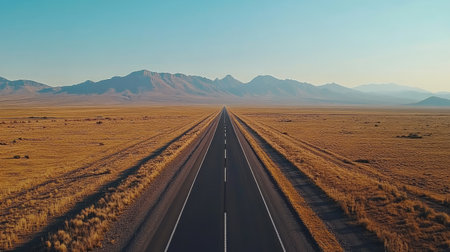 Top-down view of a long road stretching into the distance with mountains in the background, large empty areas for text on the open landscape.の素材