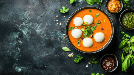 Flat lay of a bowl of sambar with idli and chutney, copy space on the left side.の素材