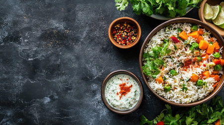 Flat lay of veg pulao with raita and salad, copy space on the right side.の素材