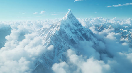 Top-down view of a snow-capped mountain peak surrounded by clouds, perfect for adding a messageの素材