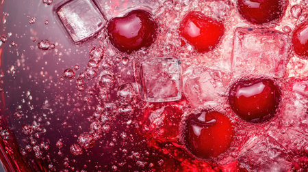 Top view of vibrant cherry juice mixing with water and ice cubes. Copy space available in the center.の素材