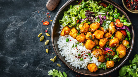 Flat lay of aloo gobi with rice and salad, copy space in the bottom half.の素材