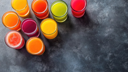 Assorted popular fruit juices in glasses. Top view with vibrant colors and ample copy space. Perfect for healthy living concepts.の素材