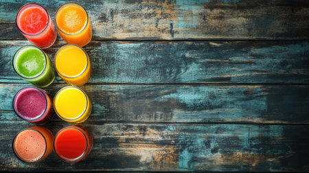 Glasses of fresh fruit juices on a rustic table, top view with copy space. Perfect for healthy drink promotions or advertisements.の素材