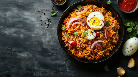 Top view of biryani with fried onions and boiled egg, ample copy space on the right.の素材