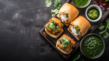 Flat lay of vada pav with green chili and chutney, copy space in the center for text.の素材