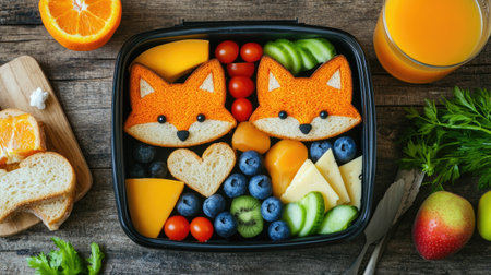 Lunchbox featuring fox-shaped sandwiches, cheese, fresh vegetables, fruits, and a glass of orange juice. Top view with copy space.の素材