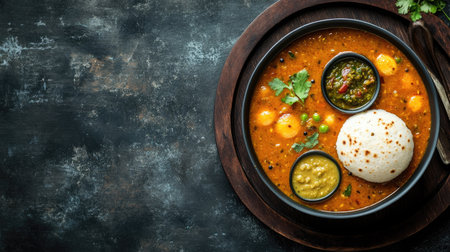 Flat lay of a bowl of sambar with idli and chutney, copy space on the left side.の素材