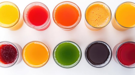 A variety of colorful juices in glasses, arranged on a white background. Top view with plenty of copy space.の素材