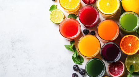 Assorted popular fruit juices in glasses. Top view with vibrant colors and ample copy space. Perfect for healthy living concepts.の素材