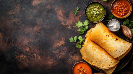 Flat lay of dosa with coconut chutney and sambar, copy space in the bottom half.の素材