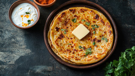 Flat lay of aloo paratha with butter and curd on the side, copy space on the left side.の素材