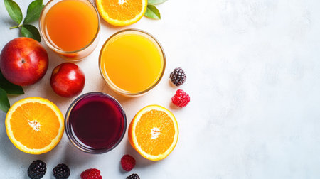 Refreshing orange, apple, and mixed berry juices in glasses. Top view with copy space for text or logos.の素材