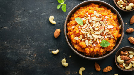 Flat lay of gajar ka halwa with almonds and cashews, copy space on the left side.の素材