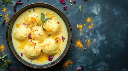 Flat lay of rasmalai with syrup and saffron, copy space in the center for text.の素材