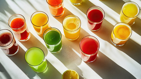 Colorful fruit juices in glasses arranged on a table, top view with copy space. Perfect for refreshing drink advertisements.の素材