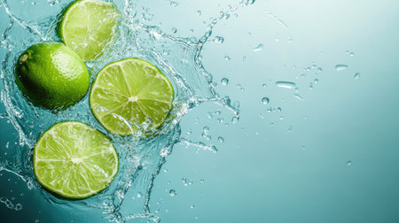 Freshly squeezed lime juice splashing into water, top view. Copy space on the left for your message.の素材
