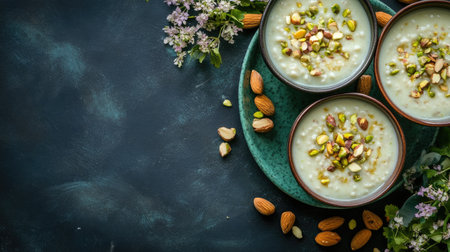 Flat lay of phirni with pistachios and almonds, copy space on the right side.の素材