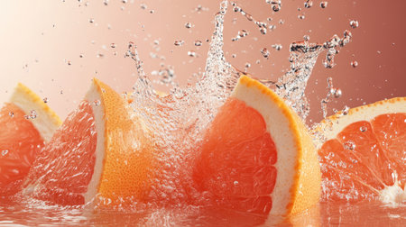 Freshly squeezed grapefruit juice splashing in water, surrounded by slices. Clear copy space on the right.の素材