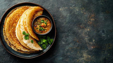 Flat lay of dosa with coconut chutney and sambar, copy space in the bottom half.の素材