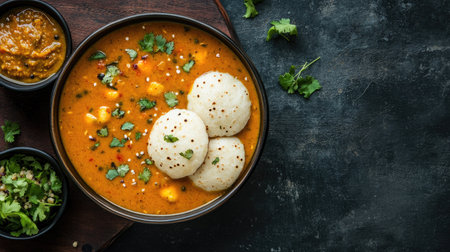 Flat lay of a bowl of sambar with idli and chutney, copy space on the left side.の素材