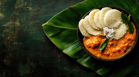 Flat lay of idli with sambar and coconut chutney on a banana leaf, ample copy space in the center.の素材