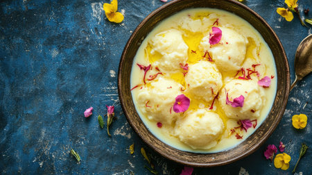 Flat lay of rasmalai with syrup and saffron, copy space in the center for text.の素材