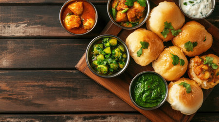 Flat lay of vada pav with green chili and chutney, copy space in the center for text.の素材
