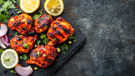 Flat lay of tandoori chicken with lemon wedges and onions, ample copy space on the right.の素材