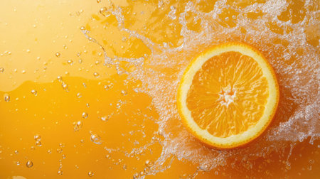 Overhead view of vibrant orange juice splashing in water. Copy space on the left for text.の素材