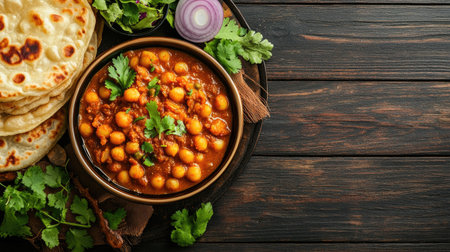 Top view of chana masala with bhature and salad, ample copy space on the right side.の素材