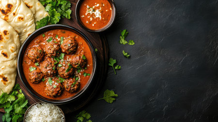 Top view of kofta curry with naan and rice, ample copy space on the right side.の素材