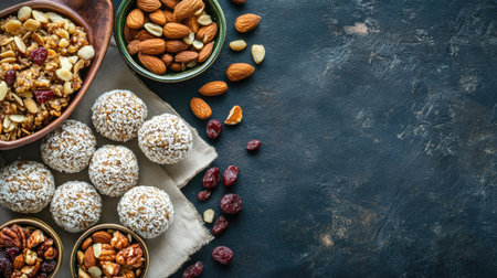 Flat lay of ladoo with dry fruits and nuts, copy space in the center for textの素材