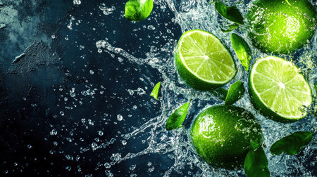 Freshly squeezed lime juice splashing into water, top view. Copy space on the left for your message.の素材