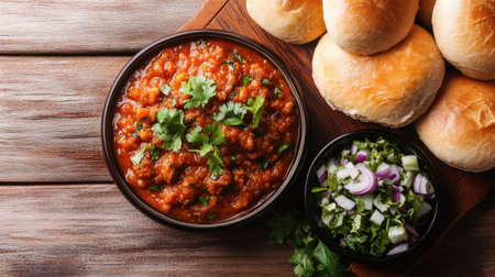 Flat lay of pav bhaji with buttered buns and salad, copy space in the bottom half.の素材