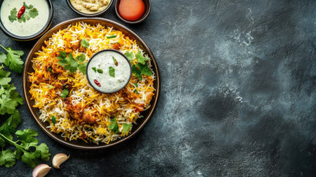 Top view of a plate of biryani with raita and salad, ample copy space on the right.の素材