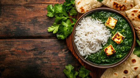 Top view of palak paneer with rice and naan, ample copy space on the right side.の素材