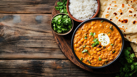 Top view of dal makhani with naan and rice on a wooden surface, copy space on the right.の素材