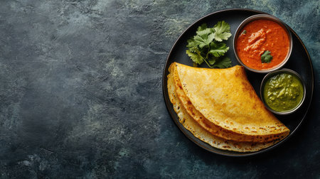 Top view of masala dosa with chutneys and sambar on a plate, ample copy space on the left.の素材